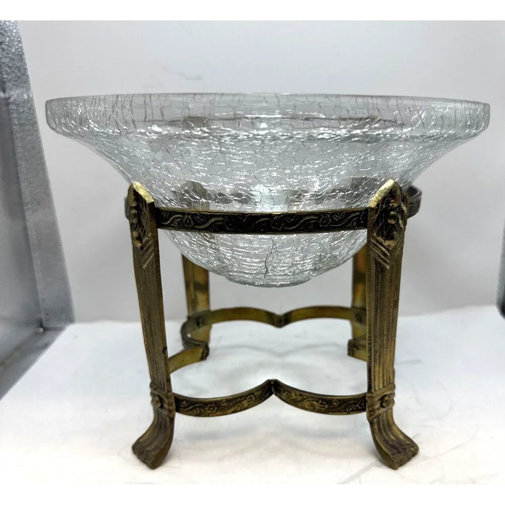 Vintage Glass Potpourri Bowl Orb  Brass  Stand Floral Decor Footed